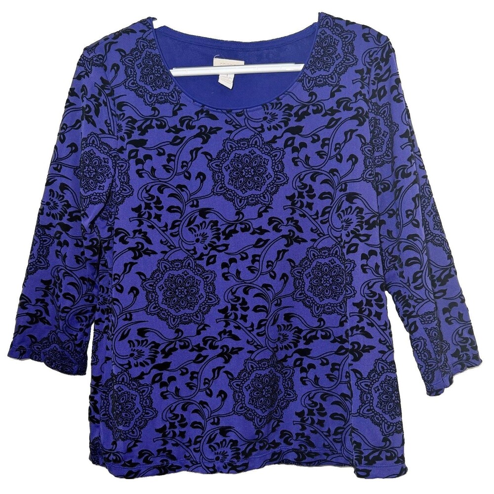 Chicoโs Size 1 Medium Purple Black Flocked Floral Medallion 3/4 Sleeve Top